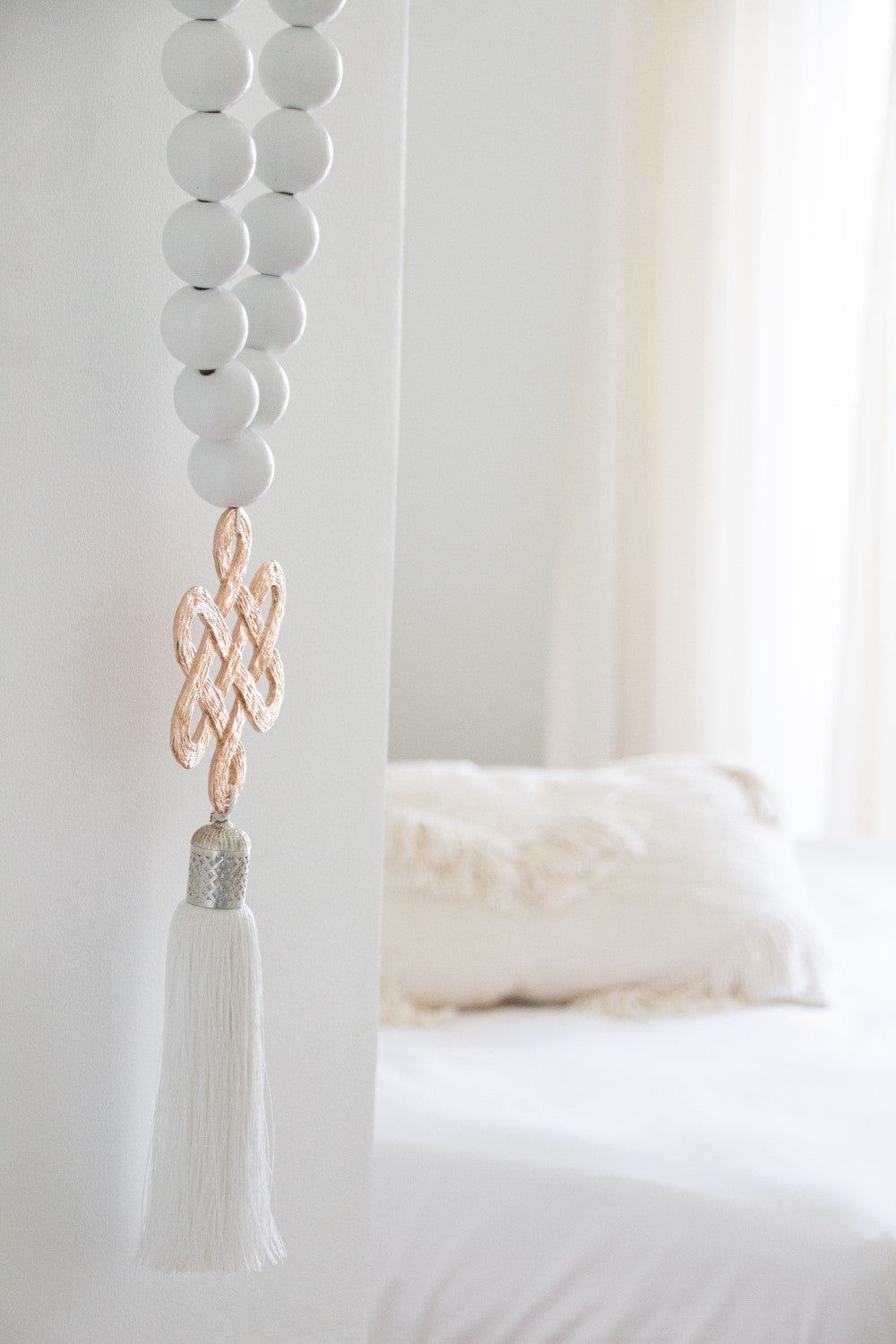 White wood Beads Wall Décor with Endless Love Metal Charm and Silk Tassel - Stylish Luck Home Decor | Hamsa \ Hand Of Fatima | Good Luck Gifts