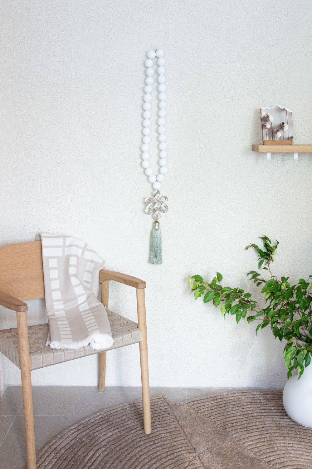 White wood Beads Wall Décor with silver Endless Love Metal Charm and sage Silk Tassel - Stylish Luck Home Decor | Hamsa \ Hand Of Fatima | Good Luck Gifts