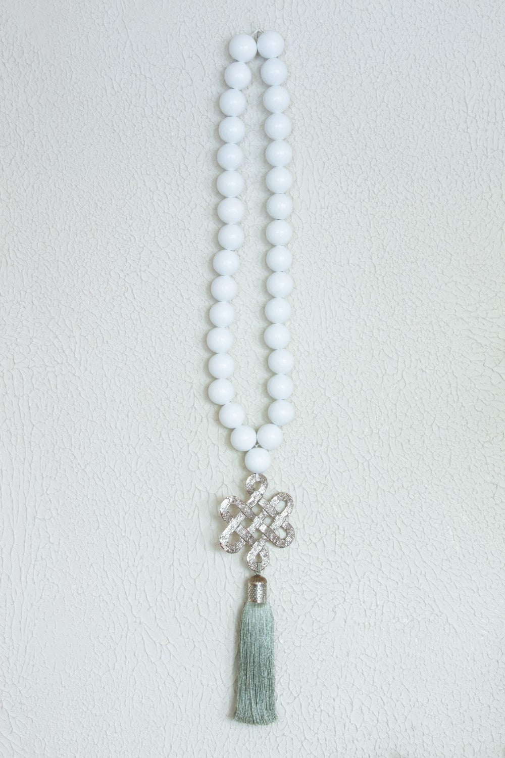 White wood Beads Wall Décor with silver Endless Love Metal Charm and sage Silk Tassel - Stylish Luck Home Decor | Hamsa \ Hand Of Fatima | Good Luck Gifts