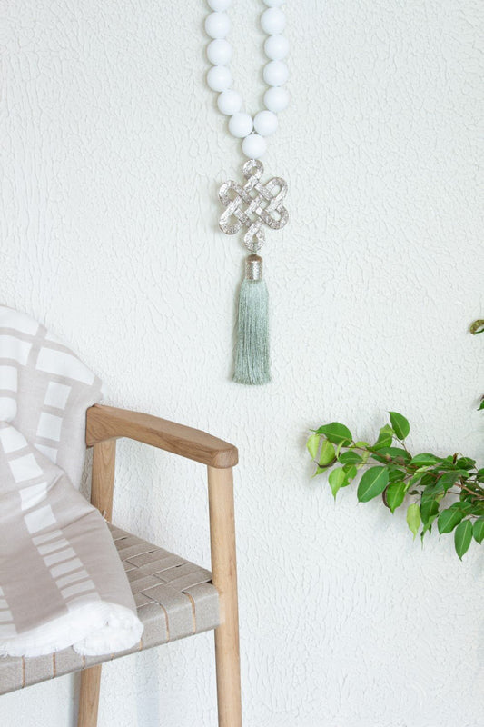 White wood Beads Wall Décor with silver Endless Love Metal Charm and sage Silk Tassel - Stylish Luck Home Decor | Hamsa \ Hand Of Fatima | Good Luck Gifts