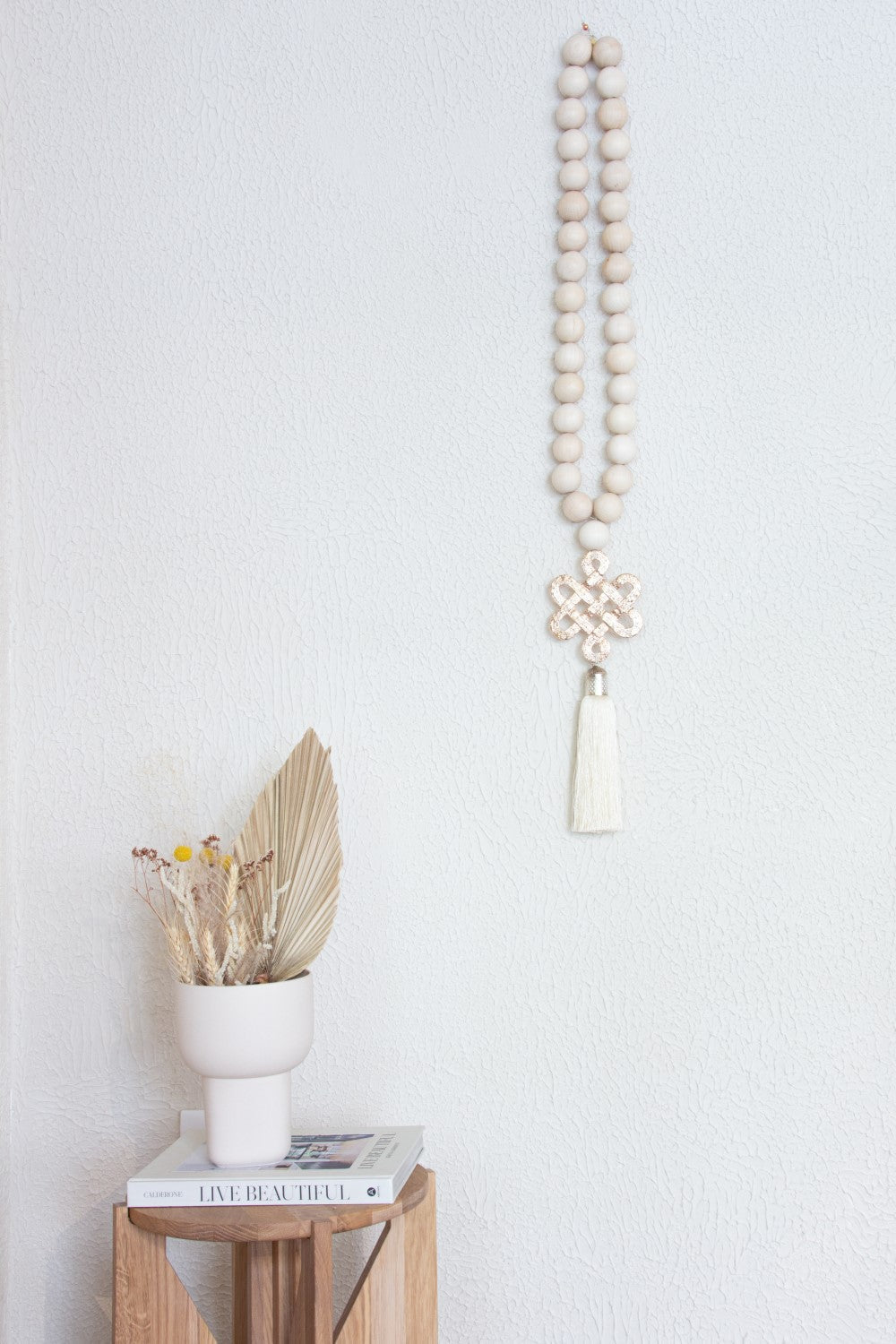 Wood Beads Wall Décor with Endless Love Metal Charm and cream Silk Tassel - Stylish Luck Home Decor | Hamsa \ Hand Of Fatima | Good Luck Gifts