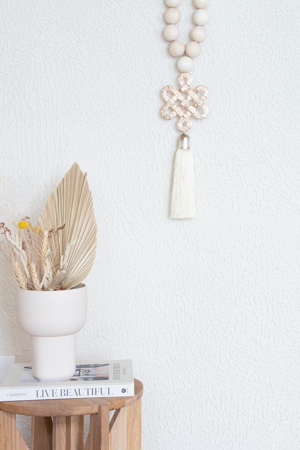 Wood Beads Wall Décor with Endless Love Metal Charm and cream Silk Tassel - Stylish Luck Home Decor | Hamsa \ Hand Of Fatima | Good Luck Gifts