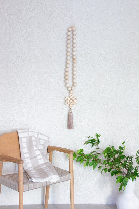 Wood Beads Wall Décor with Endless Love Metal Charm and Silk Tassel - Stylish Luck Home Decor | Hamsa \ Hand Of Fatima | Good Luck Gifts