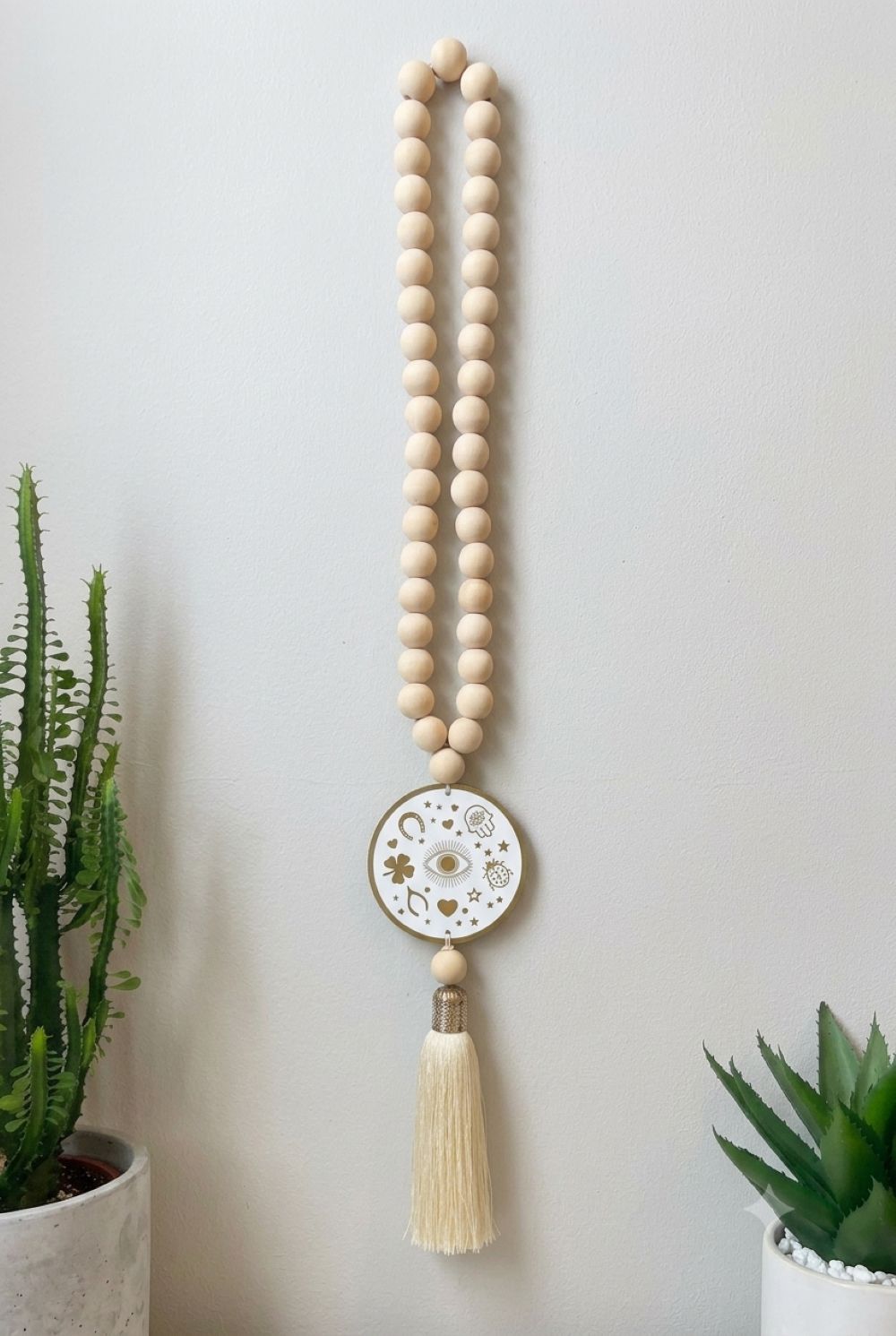Wood bead wall hanging • Lucky charm coin • Lucky symbols decor • Good luck home decor • Boho wall hanging • Housewarming gift • Meaningful gift • Spiritual home decor • Made in Israel • Stylish Luck