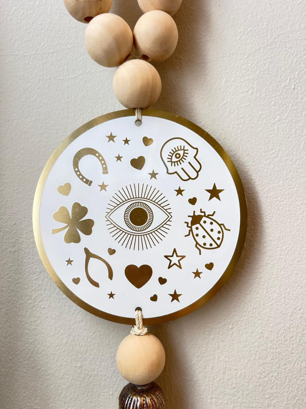 Wood bead wall hanging • Lucky charm coin • Lucky symbols decor • Good luck home decor • Boho wall hanging • Housewarming gift • Meaningful gift • Spiritual home decor • Made in Israel • Stylish Luck