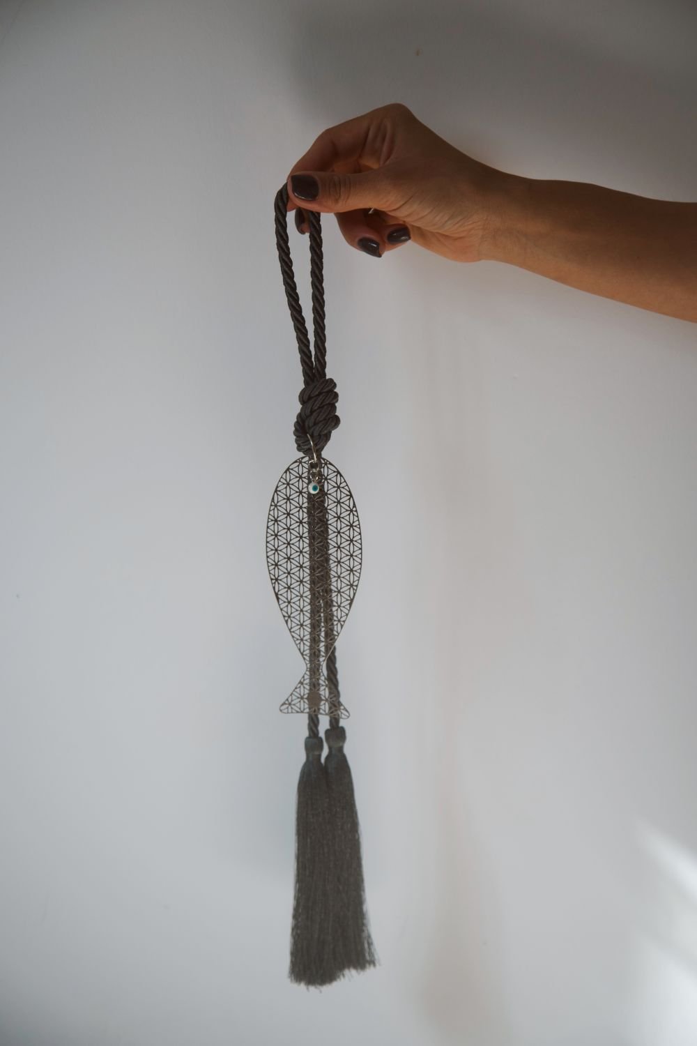 Flower of Life Fish Wall Hanging in Gold with Taupe Silk Tassel - Stylish Luck Home Decor | Hamsa \ Hand Of Fatima | Good Luck Gifts