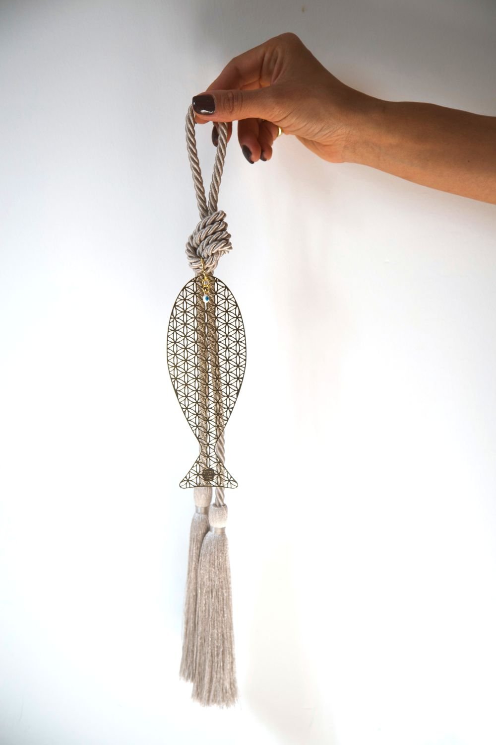 Flower of Life Fish Wall Hanging in Gold with Taupe Silk Tassel - Stylish Luck Home Decor | Hamsa \ Hand Of Fatima | Good Luck Gifts