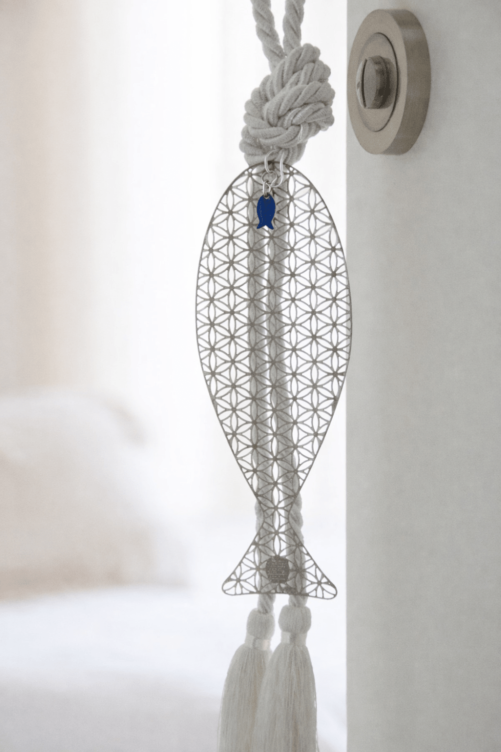 Flower of Life Fish Wall Hanging in Gold with White Silk Tassel - Stylish Luck Home Decor | Hamsa \ Hand Of Fatima | Good Luck Gifts