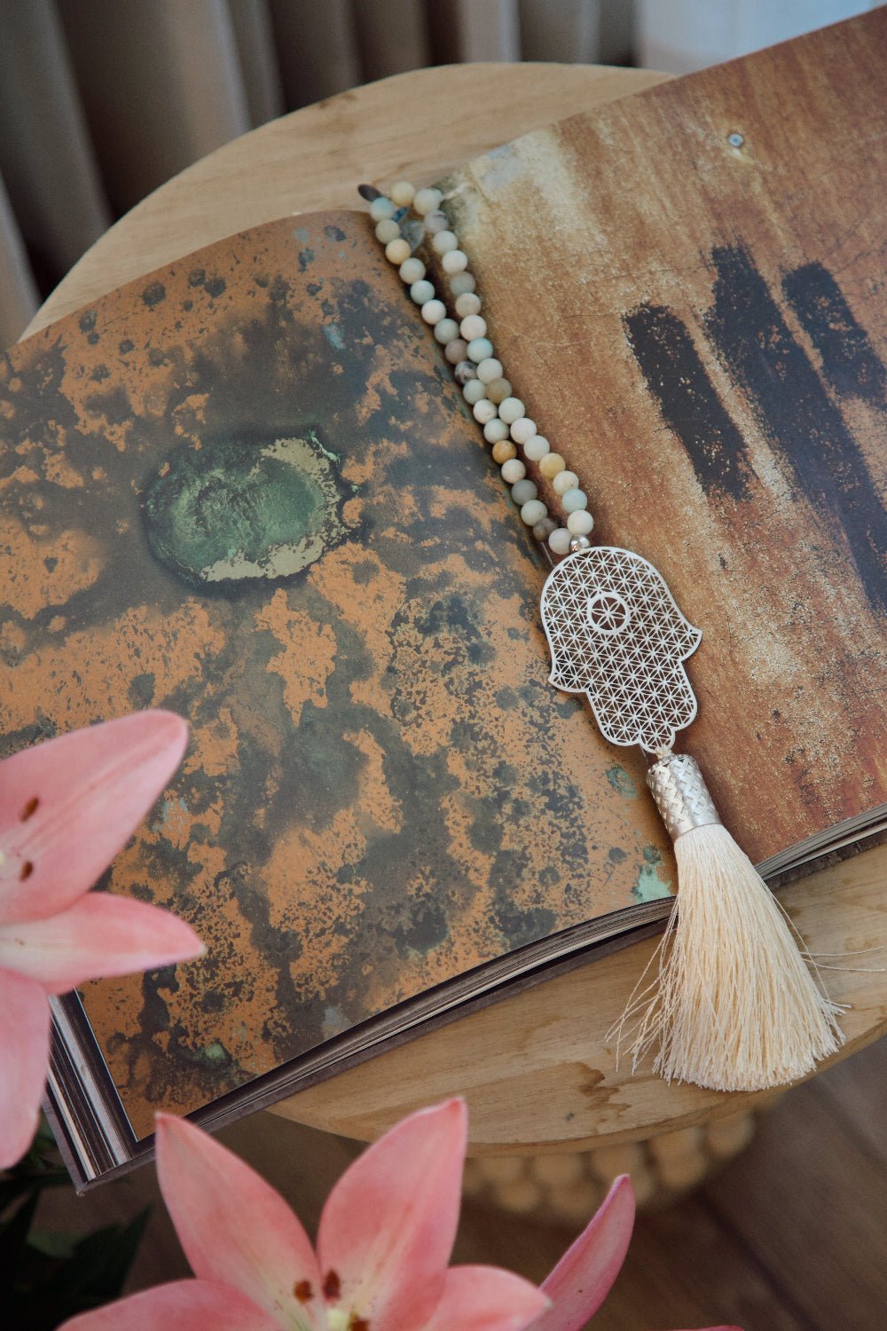 Flower of Life Silver Hamsa Wall Hanging with Amazonite Gemstones - Stylish Luck Home Decor | Hamsa \ Hand Of Fatima | Good Luck Gifts