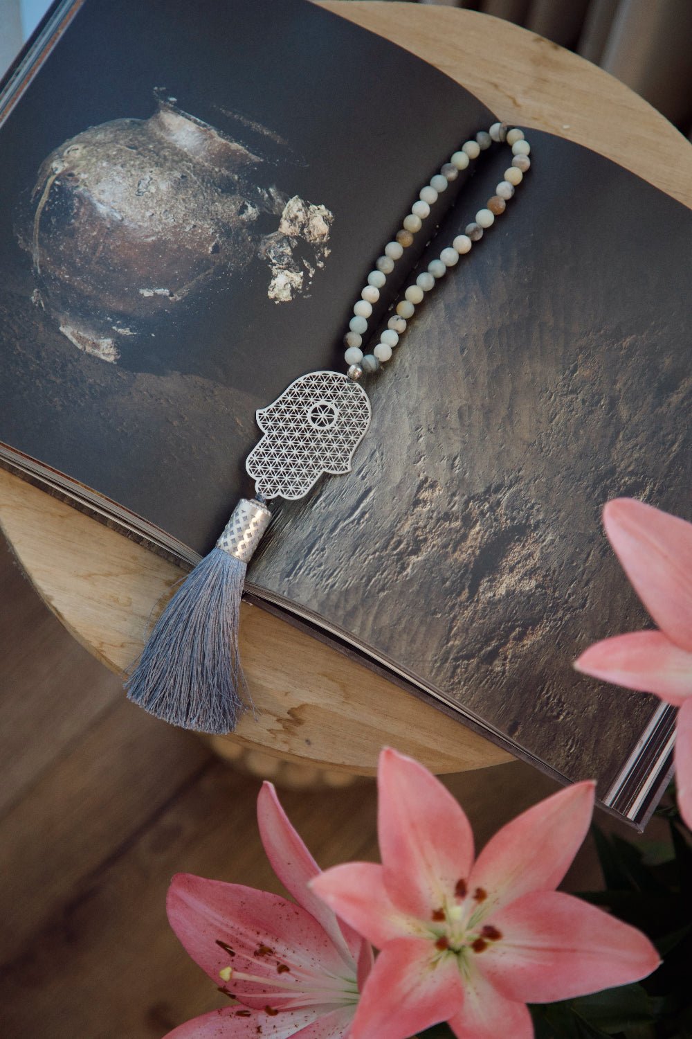 Flower of Life Silver Hamsa Wall Hanging with Amazonite Gemstones - Stylish Luck Home Decor | Hamsa \ Hand Of Fatima | Good Luck Gifts