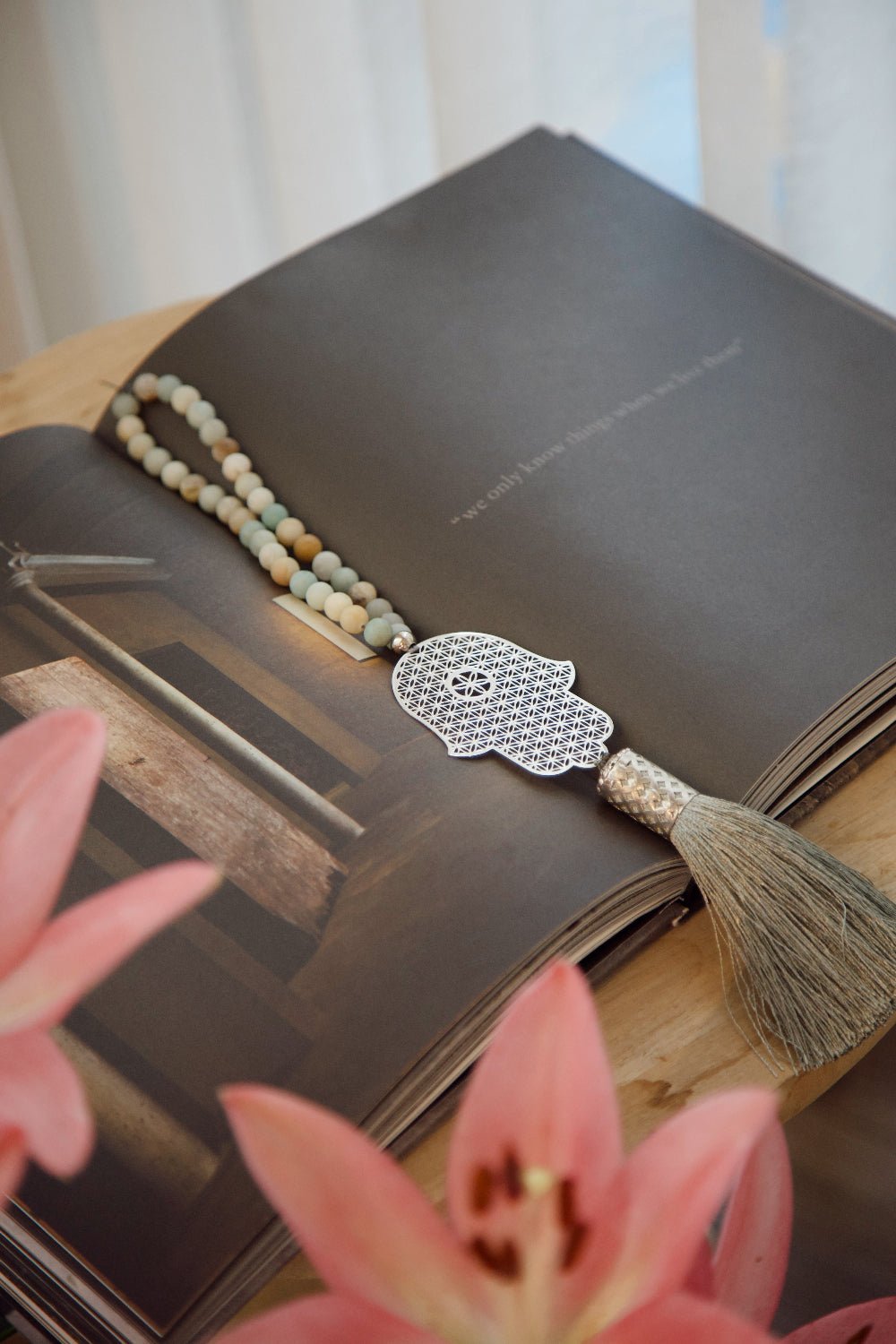 Flower of Life Silver Hamsa Wall Hanging with Amazonite Gemstones - Stylish Luck Home Decor | Hamsa \ Hand Of Fatima | Good Luck Gifts