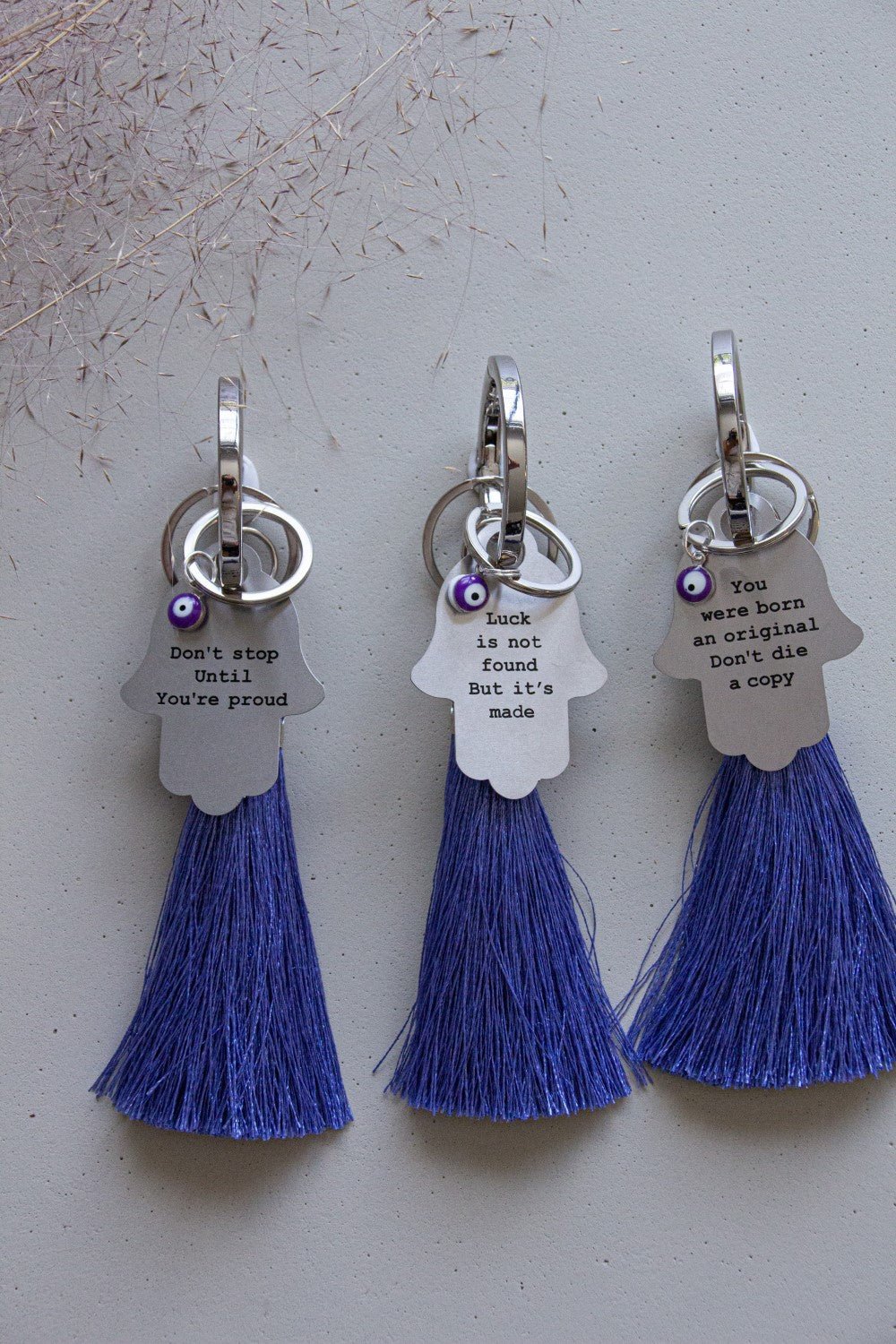 Hamsa mantra key chain with tassel - Dark purple - Stylish Luck Home Decor | Hamsa \ Hand Of Fatima | Good Luck Gifts