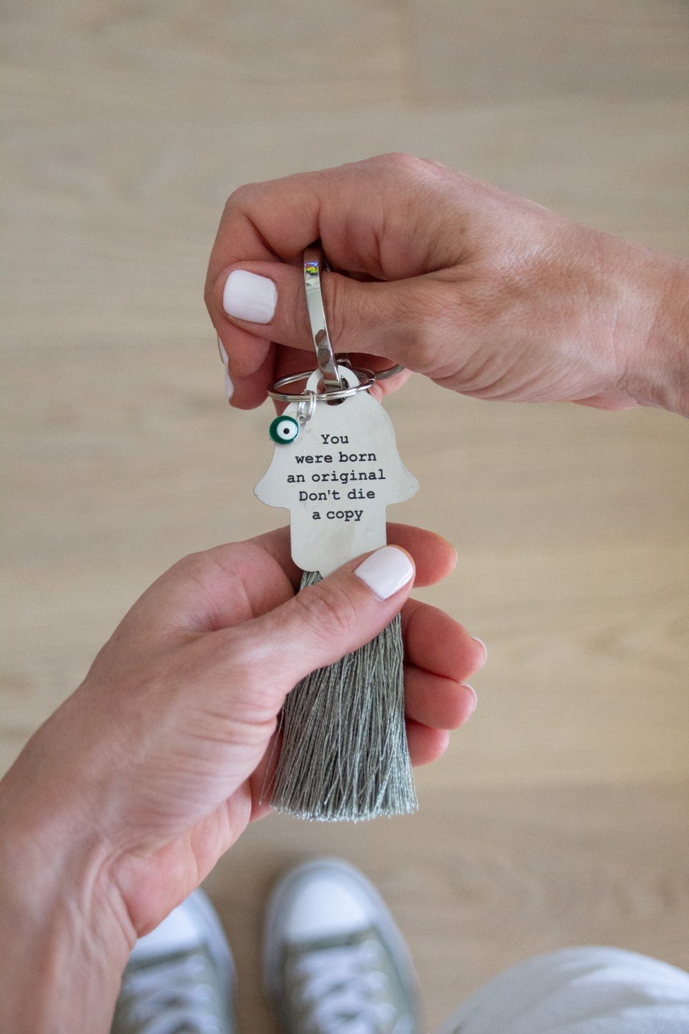 Hamsa mantra key chain with tassel - Nude - Stylish Luck Home Decor | Hamsa \ Hand Of Fatima | Good Luck Gifts
