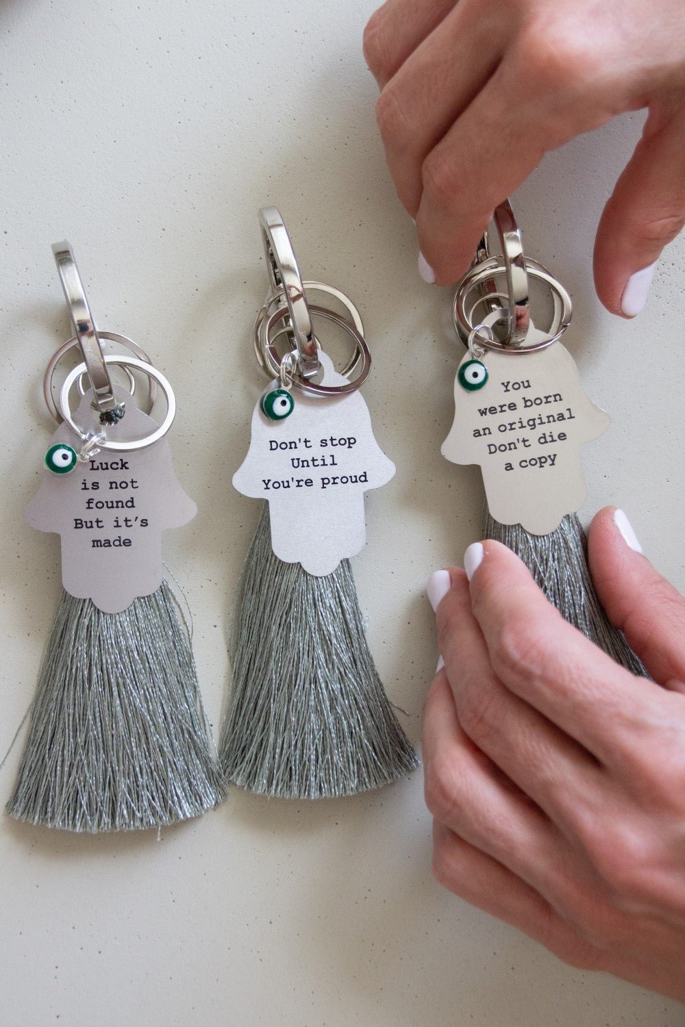 Hamsa mantra key chain with tassel - Nude - Stylish Luck Home Decor | Hamsa \ Hand Of Fatima | Good Luck Gifts