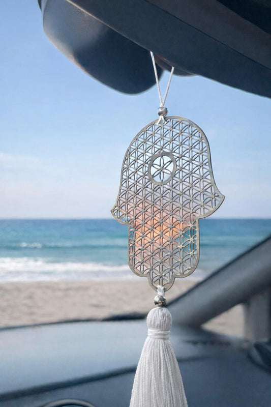 Hamsa metal Car Charm with Turquoise Tassel - Stylish Luck Home Decor | Hamsa \ Hand Of Fatima | Good Luck Gifts