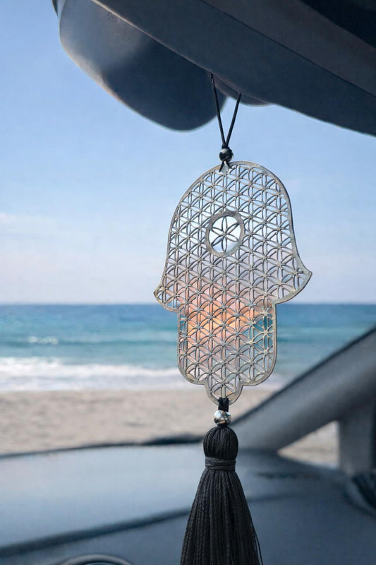 Hamsa metal Car Charm with Turquoise Tassel - Stylish Luck Home Decor | Hamsa \ Hand Of Fatima | Good Luck Gifts