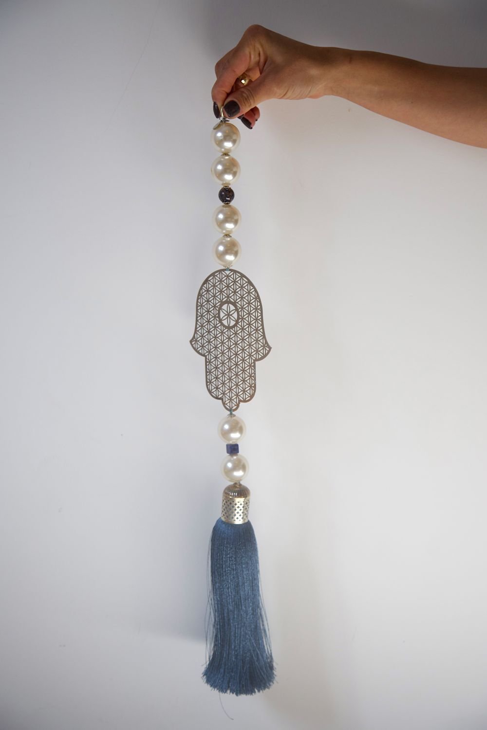 Silver Hamsa Wall Hanging with Blue Tassel - Protective Home Decor. - Stylish Luck Home Decor | Hamsa \ Hand Of Fatima | Good Luck Gifts