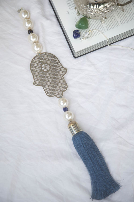 Silver Hamsa Wall Hanging with Blue Tassel - Protective Home Decor. - Stylish Luck Home Decor | Hamsa \ Hand Of Fatima | Good Luck Gifts