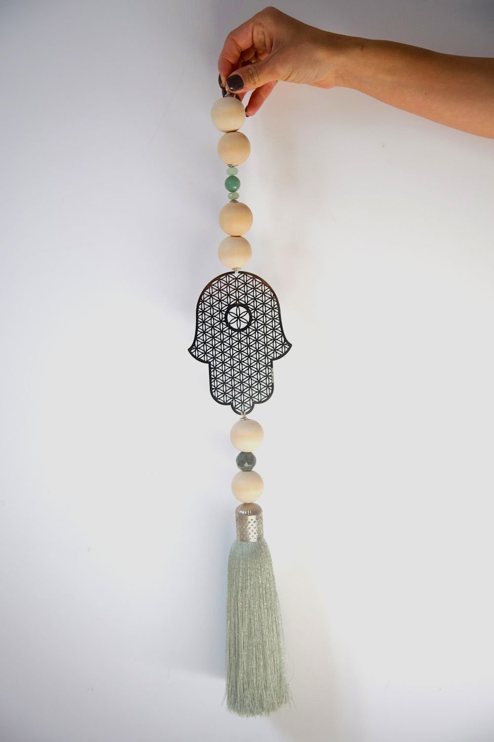 Silver Hamsa Wall Hanging with green Tassel - Protective Home Decor. - Stylish Luck Home Decor | Hamsa \ Hand Of Fatima | Good Luck Gifts