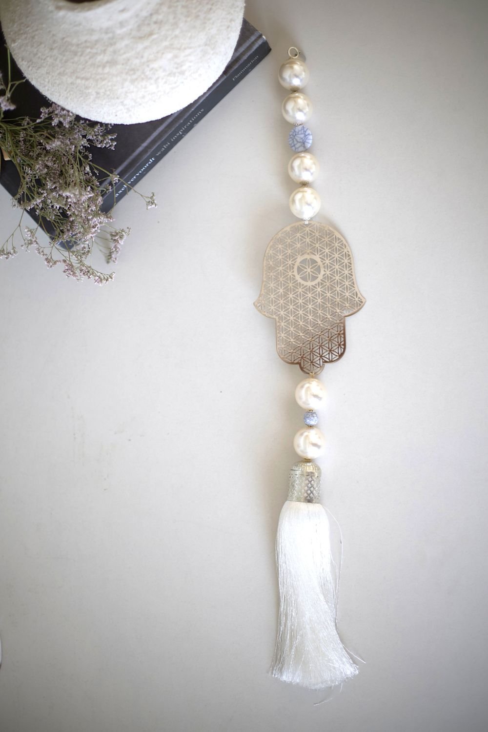 Silver Hamsa Wall Hanging with White Tassel - Protective Home Decor. - Stylish Luck Home Decor | Hamsa \ Hand Of Fatima | Good Luck Gifts