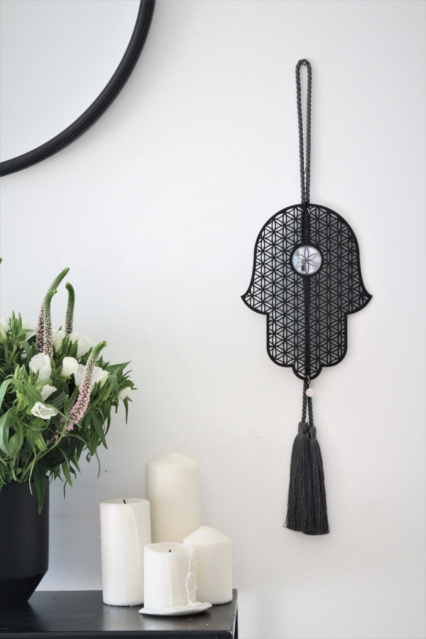 Large Home Blessing Hamsa Wall hanging - black acrylic Hand of fatima with the flower of life element - stylish luck home decore