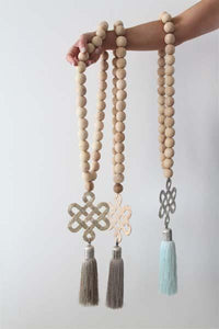 Boho home jewelry wood beads strung with Gold plated endless love knot & nude tassel - Stylish Luck Home Decor