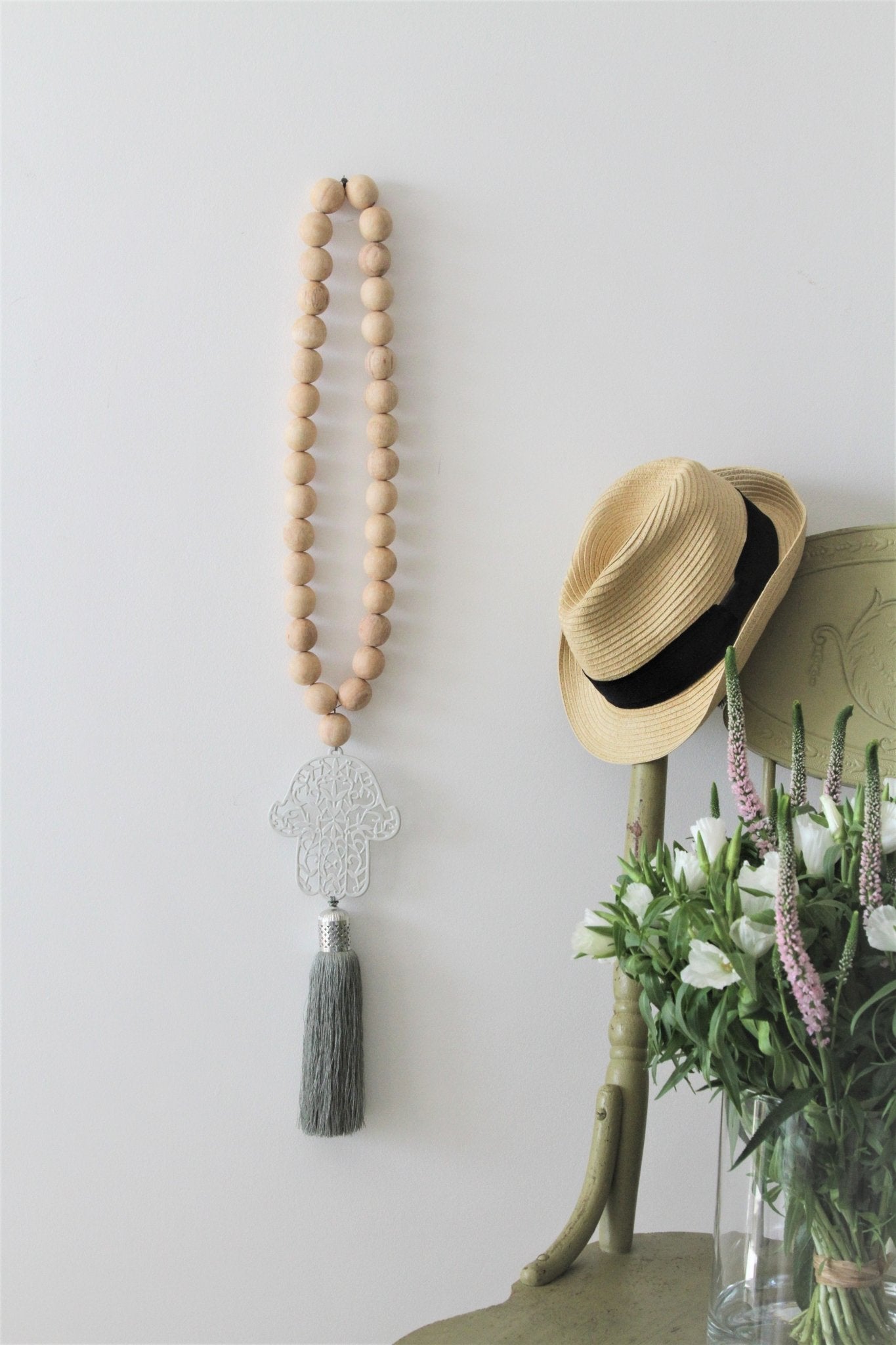 Boho wood beads strung with white cream Hamsa with sage green tassel - stylish-luck-home-decore