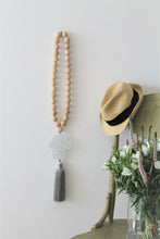 Load image into Gallery viewer, Boho wood beads strung with white cream Hamsa with sage green tassel - stylish-luck-home-decore