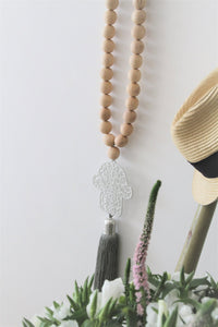 Boho hamsa wood beads strung with white cream Hamsa with sage green tassel - stylish-luck-home-decore