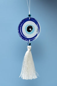 Acrylic Evil eye car hanging charm with white silk tassel & two evil eye beads - stylish luck home decor