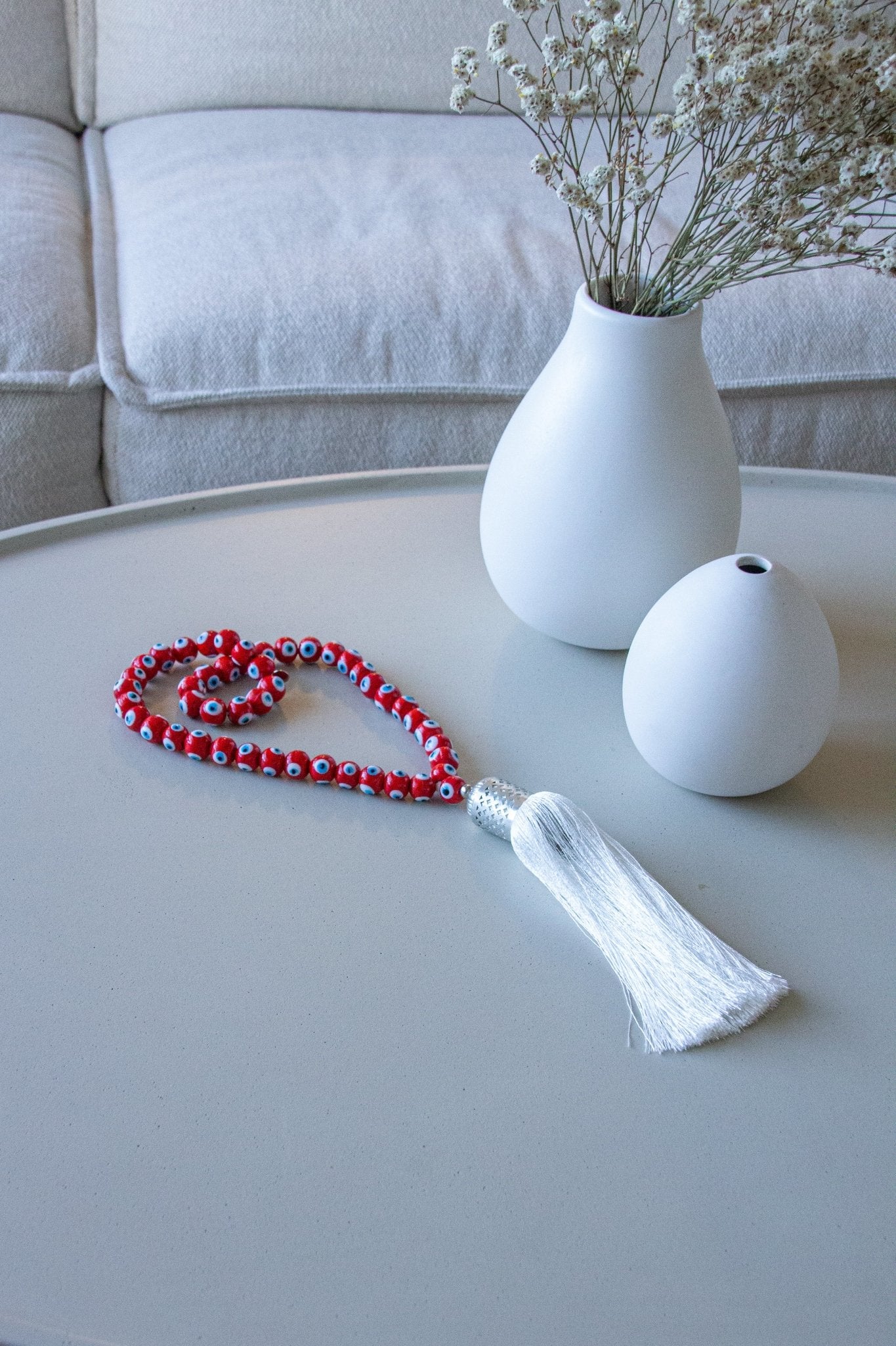 Evil eye glass beads home decor necklace with white silk tassel - Red - Stylish Luck Home Decor | Hamsa \ Hand Of Fatima | Good Luck Gifts
