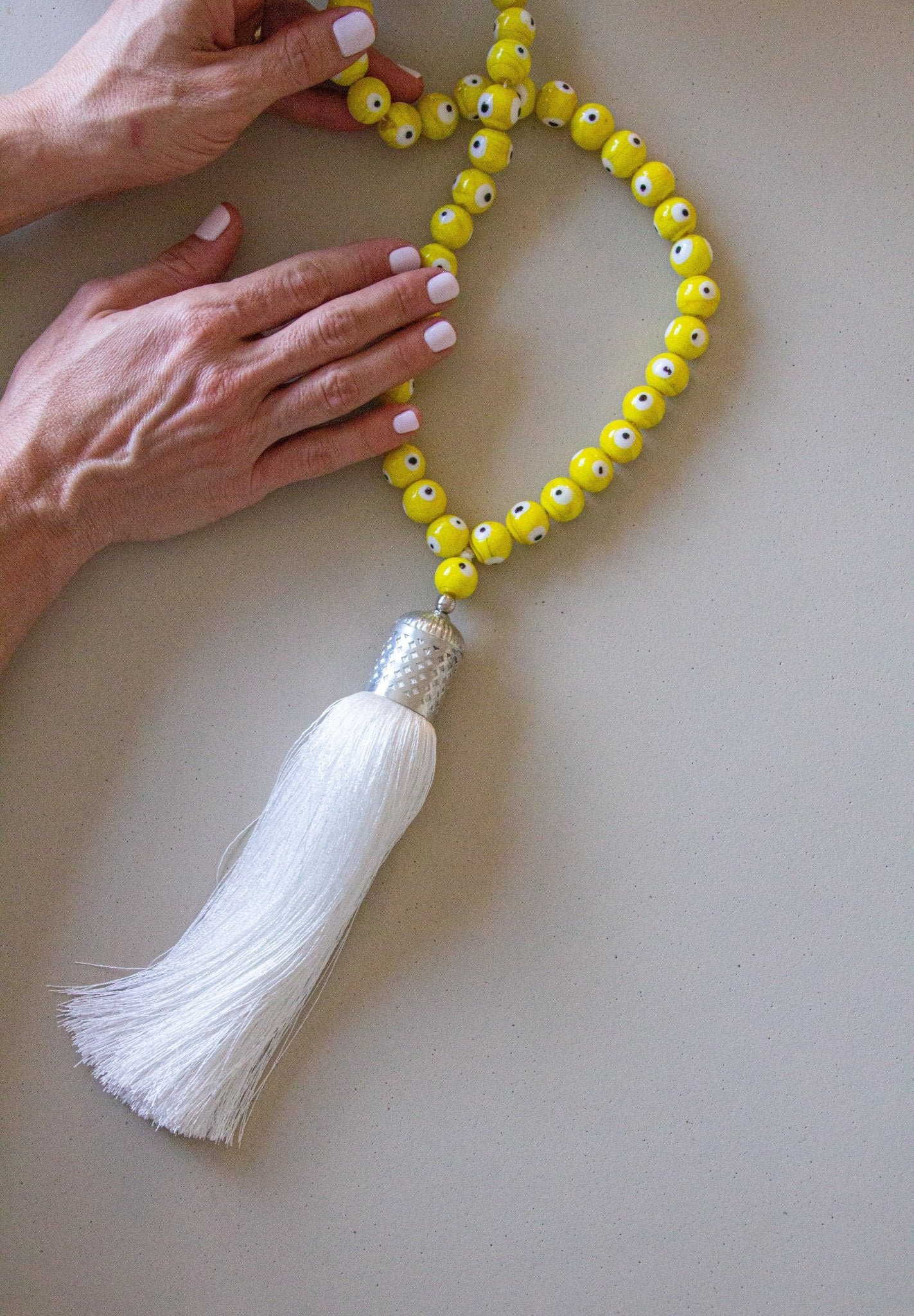 Evil eye glass beads home decor necklace with white silk tassel - Yellow - Stylish Luck Home Decor | Hamsa \ Hand Of Fatima | Good Luck Gifts