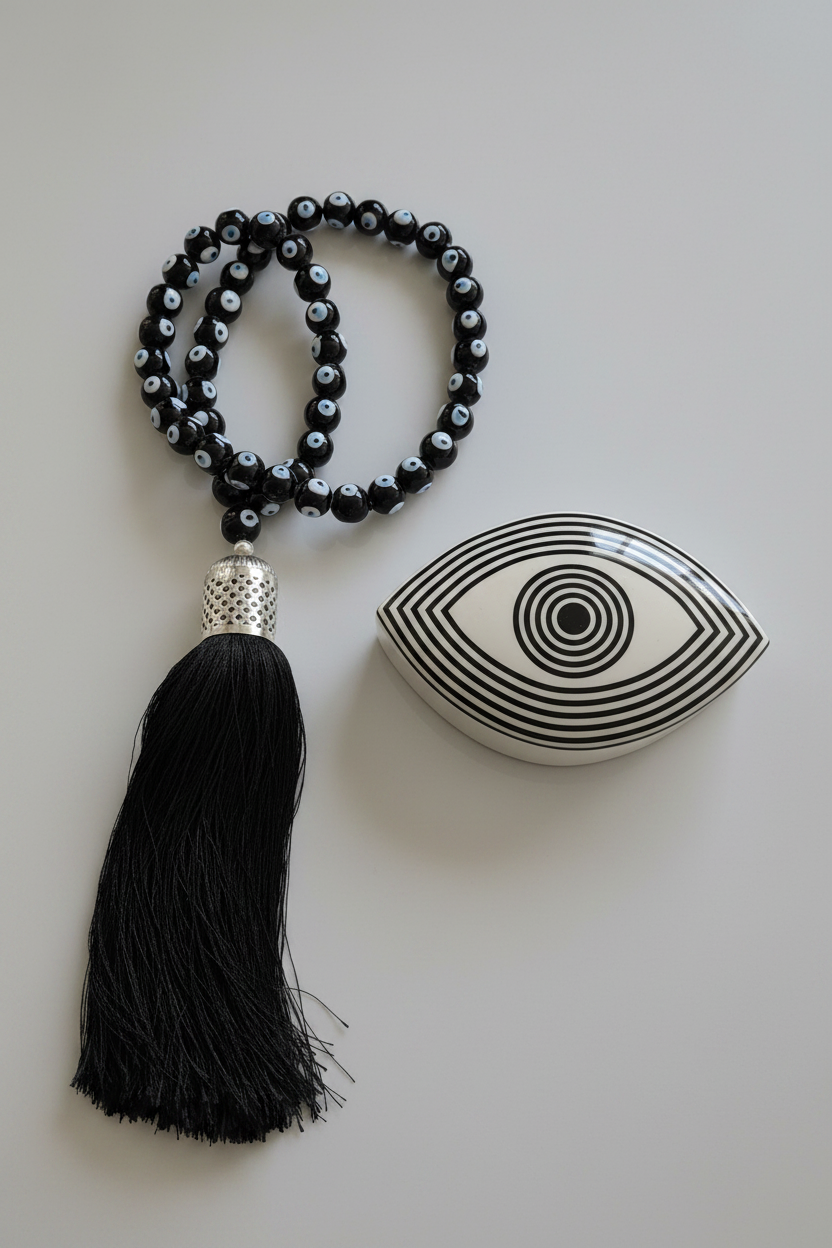 Evil eye bead strand • Black evil eye • Glass bead evil eye • Handmade evil eye • Misbaha beads • Modern prayer beads • Table decor evil eye • Boho home decor • Evil eye protection • Middle Eastern home decor • Housewarming gift • Meaningful gift • Stylish Luck • Made in Israel

שרשרת עין הרע • חרוזי עין • קישוט שולחן • אובייקט עיצובי • חרוזי זכוכית בעבודת יד • מסבחה מודרנית • שמירה מעין הרע • עיצוב הבית • חפצי נוי • מתנה לחנוכת בית • מתנה משמעותית • סמלי מזל • Stylish Luck • מיוצר בישראל