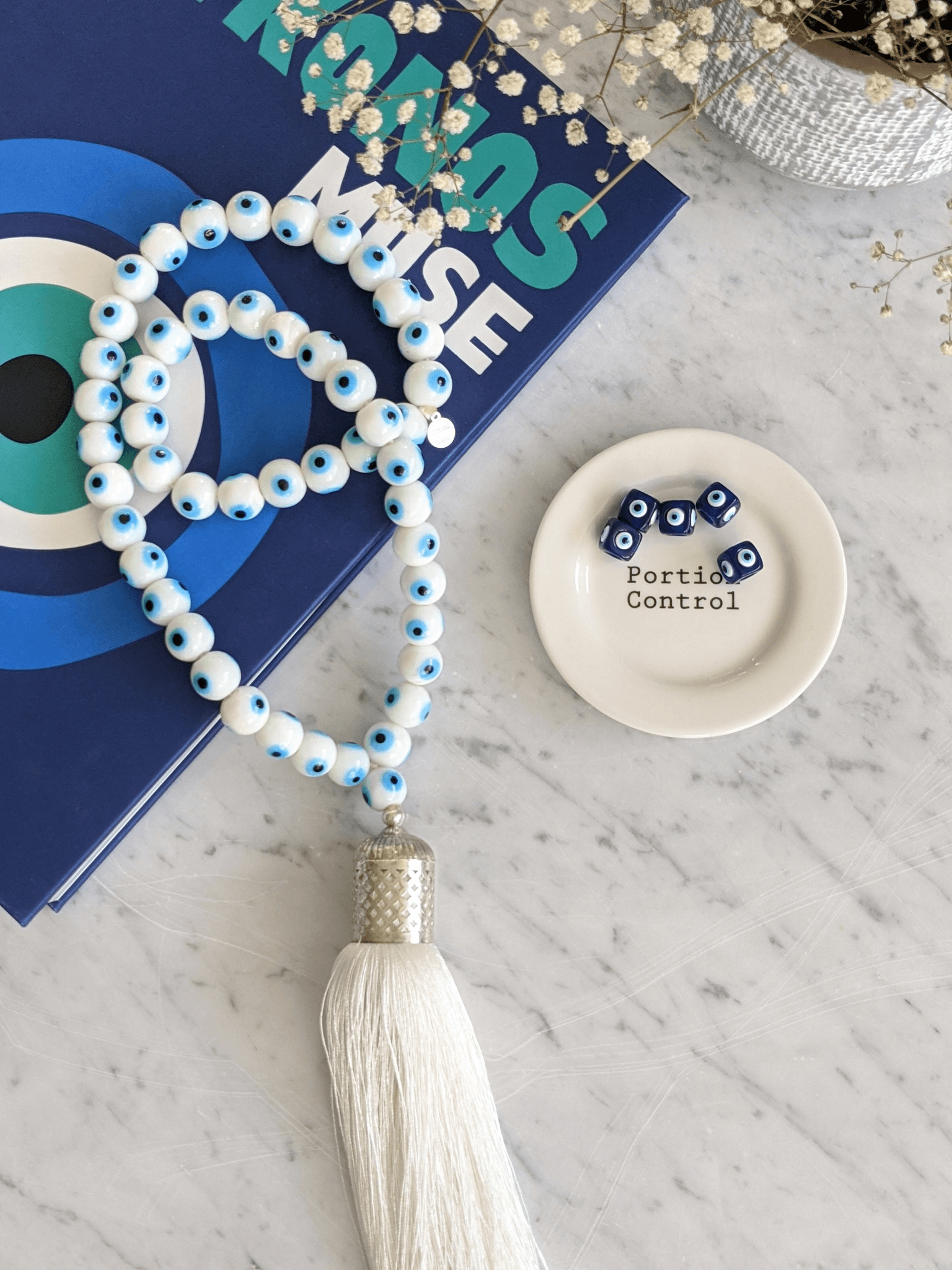 Evil eye glass beads home decor necklace with white silk tassel - White - stylish luck home decor