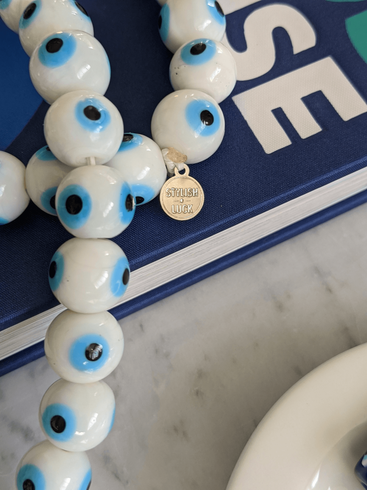 Evil eye glass beads home decor necklace with white silk tassel - White - stylish luck home decor