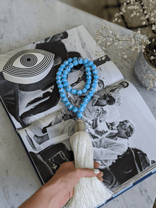 Evil eye glass beads home decor necklace with white silk tassel - Turquoise - stylish luck home decor