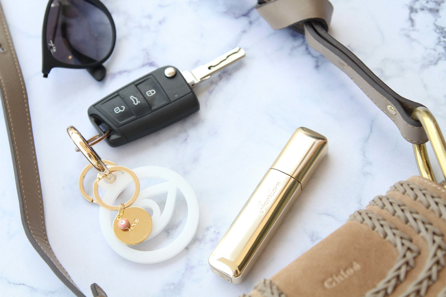 White elegant Evil eye key holder with Gold plated key holder - stylish luck home decor