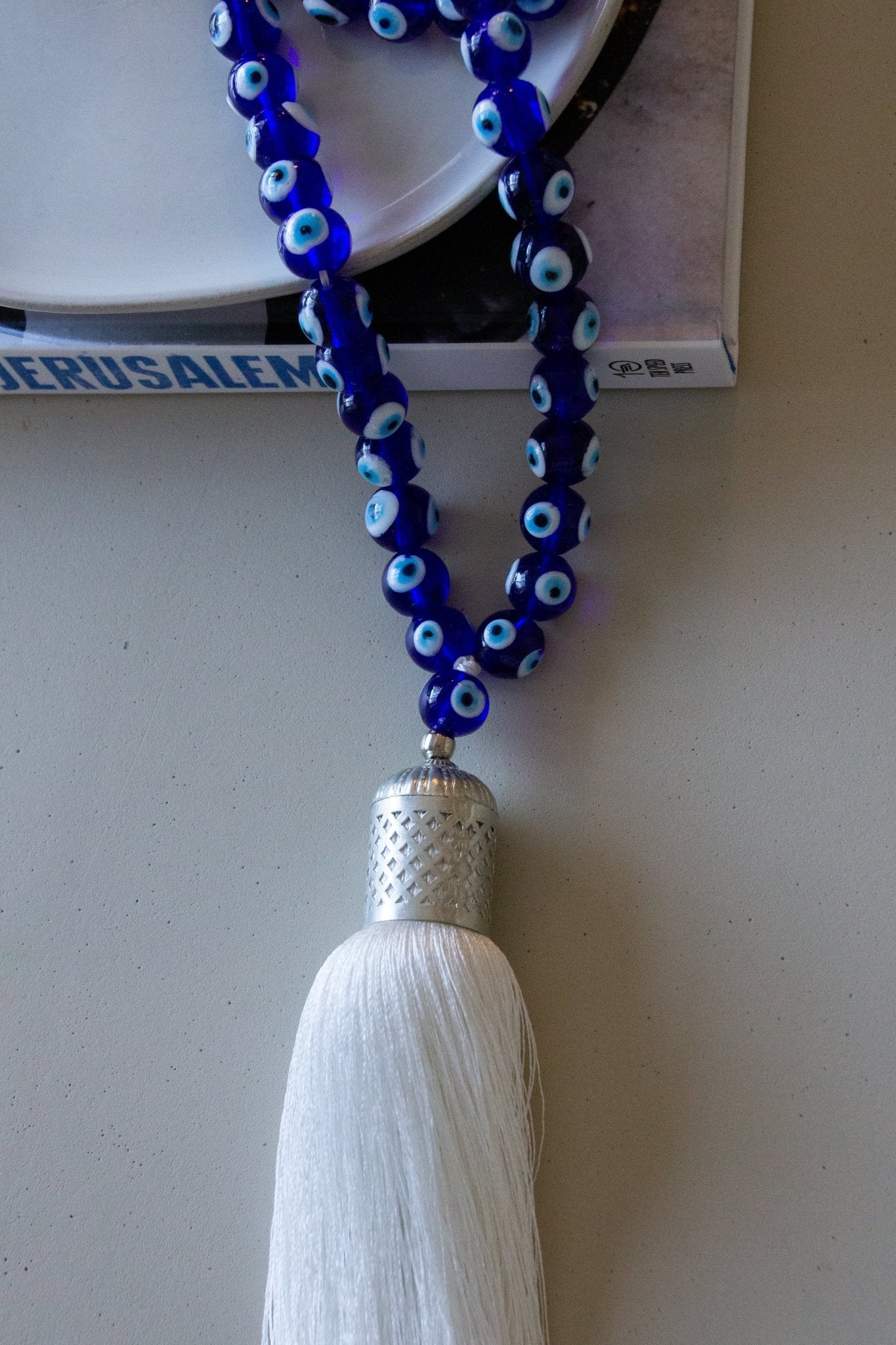 Evil eye Royal blue glass beads home decor necklace with white silk tassel - Stylish Luck Home Decor | Hamsa \ Hand Of Fatima | Good Luck Gifts