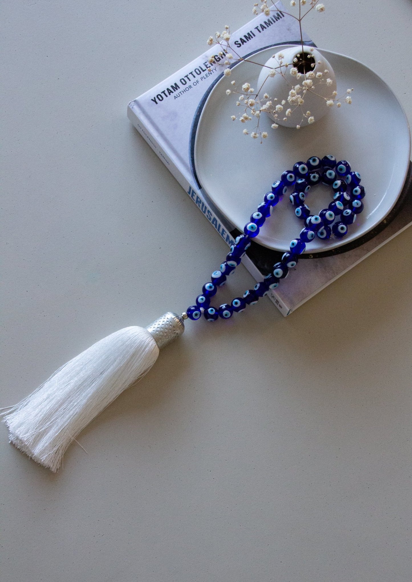 Evil eye Royal blue glass beads home decor necklace with white silk tassel - Stylish Luck Home Decor | Hamsa \ Hand Of Fatima | Good Luck Gifts