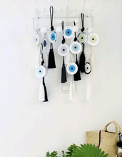 Load image into Gallery viewer, Acrylic Evil Eye wall hanging decoration Turquoise with Gray tassel - stylish luck home decor