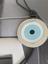 Load image into Gallery viewer, Acrylic Evil Eye wall hanging decoration Turquoise with Gray tassel - stylish luck home decor
