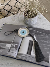 Load image into Gallery viewer, Acrylic Evil Eye wall hanging decoration Turquoise with Gray tassel - stylish luck home decor