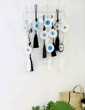 Load image into Gallery viewer, Acrylic Evil Eye wall hanging decoration Turquoise with White tassel - stylish luck home decor
