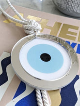 Load image into Gallery viewer, Acrylic Evil Eye wall hanging decoration Turquoise with White tassel - stylish luck home decor