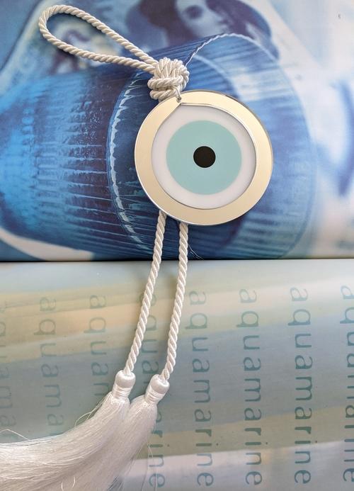 Acrylic Evil Eye wall hanging decoration Turquoise with White tassel - stylish luck home decor