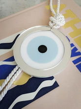 Load image into Gallery viewer, Acrylic Evil Eye wall hanging decoration Turquoise with White tassel - stylish luck home decor