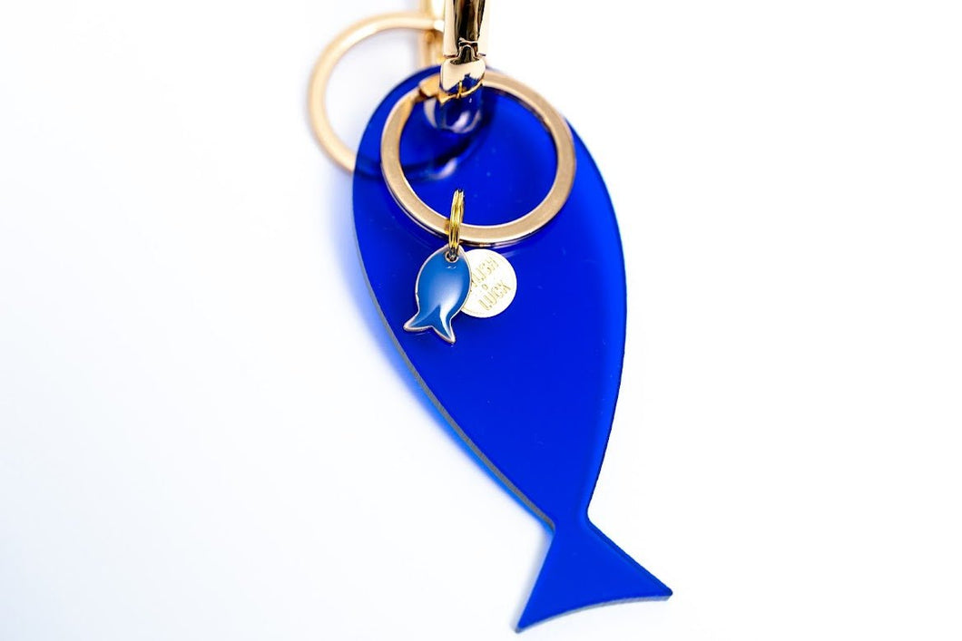 Fish lucky charm - key holder Blue acrylic Gold plated key holder - stylish luck home decor