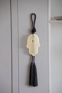 Flower of life gold plated hanging Hamsa with silk tassel - Stylish Luck Home Decor | Hamsa \ Hand Of Fatima | Good Luck Gifts
