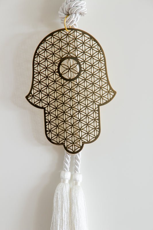 Flower of life gold plated hanging Hamsa with silk tassel - Stylish Luck Home Decor | Hamsa \ Hand Of Fatima | Good Luck Gifts