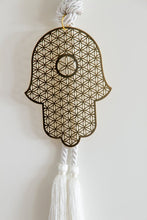 Load image into Gallery viewer, Flower of life gold plated hanging Hamsa with silk tassel - Stylish Luck Home Decor | Hamsa \ Hand Of Fatima | Good Luck Gifts